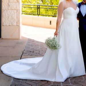 Strapless A-Line White Satin Wedding Dress. Size 12, excellent condition.